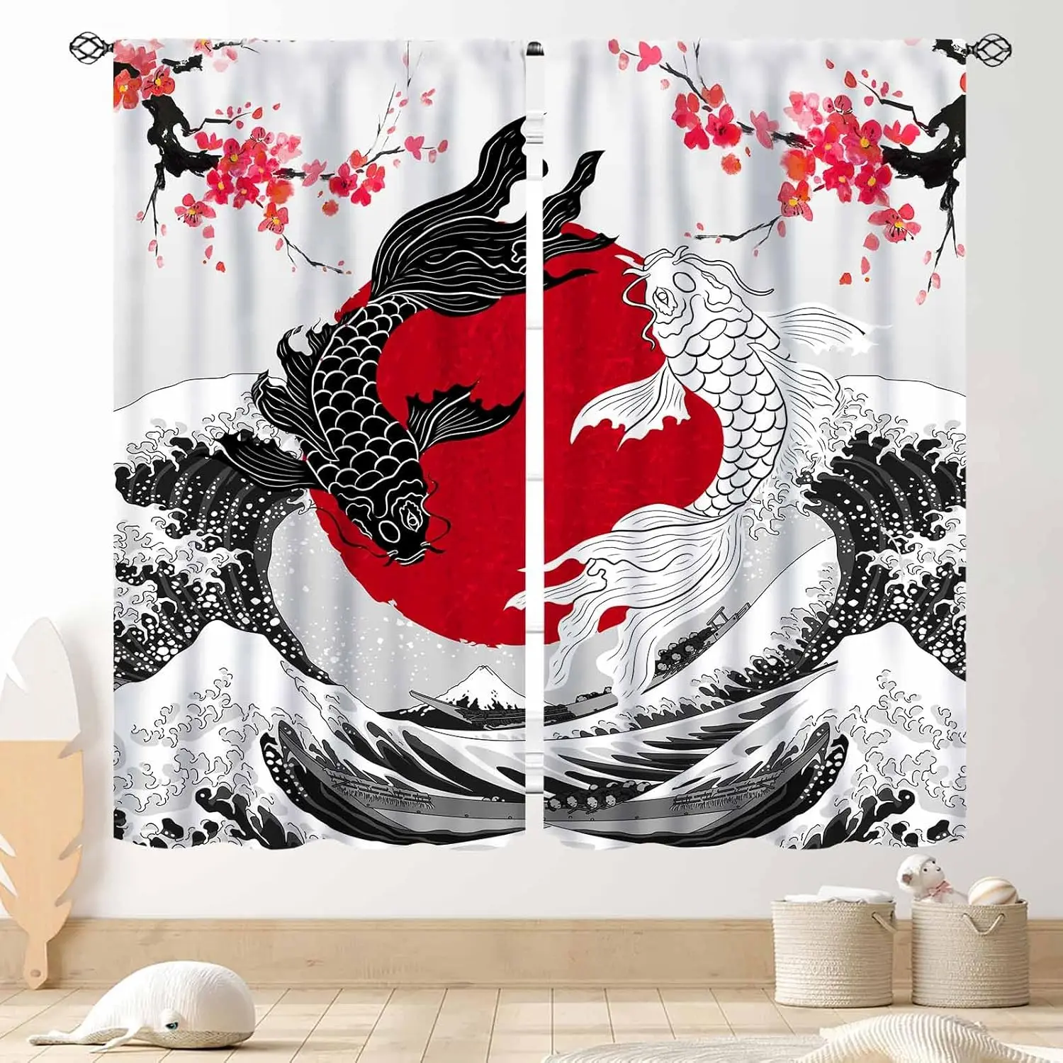 

Japanese Curtains, Asian Style Japanese Anime Black White Yin Yang Koi Fish Cherry Blossom Great Wave Oriental Window Drapery Tr