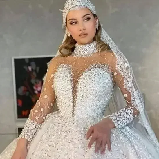 Customized New High-Quality Puffy Big Tail Slim Princess Long-Sleeved Heavy Industry Bridal Dress Wedding Gown 2025