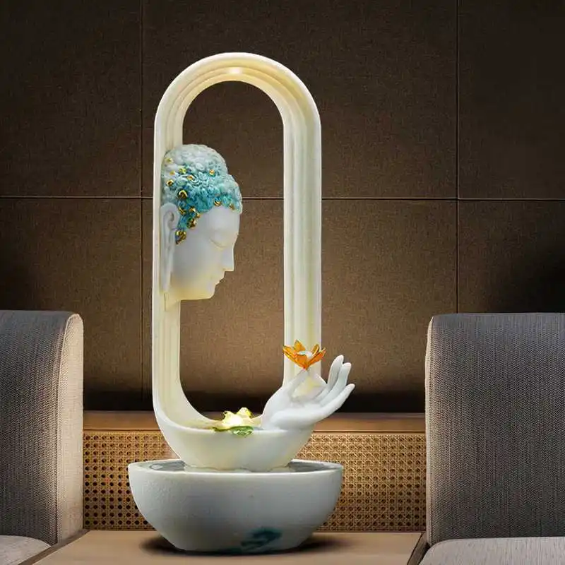 Guanyin, Shakyamuni Buddha, holding flowers and flowing water ornaments, Zen inspired gift giving, living room, study, desktop
