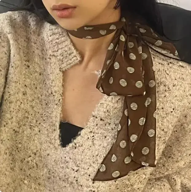 

Original Brown Polka Dot Silk Scarf Printing High-end Versatile Accessories Neck Women New Headband Tied Hair Strip