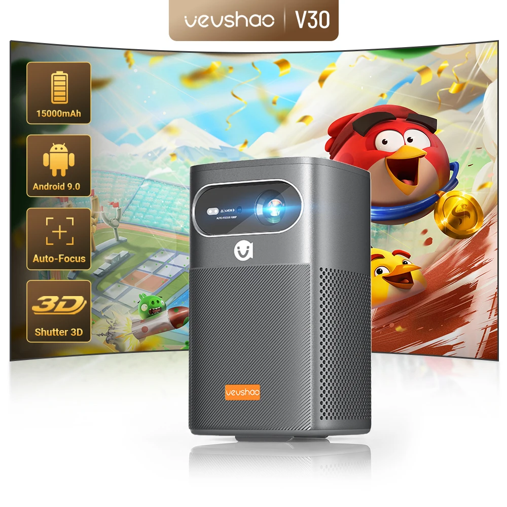 VEVSHAO V30 400ANSI DLP Projector Android 9.0 TOF Focus 3D Dual-band WiFi Bluetooth 5.0 15000mAh Battery Home Theater