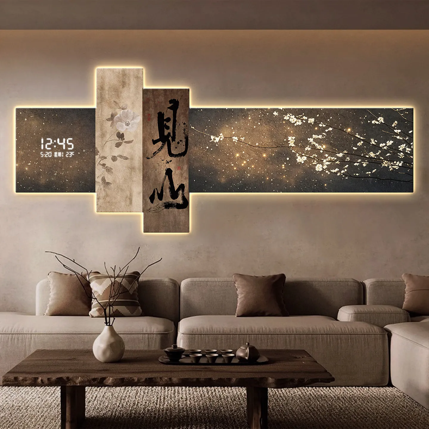 Middle Ancient Style Living Room Decoration Painting Electronic Clock Tea Room Background Wall Hanging Clock Wall Lamp Painting