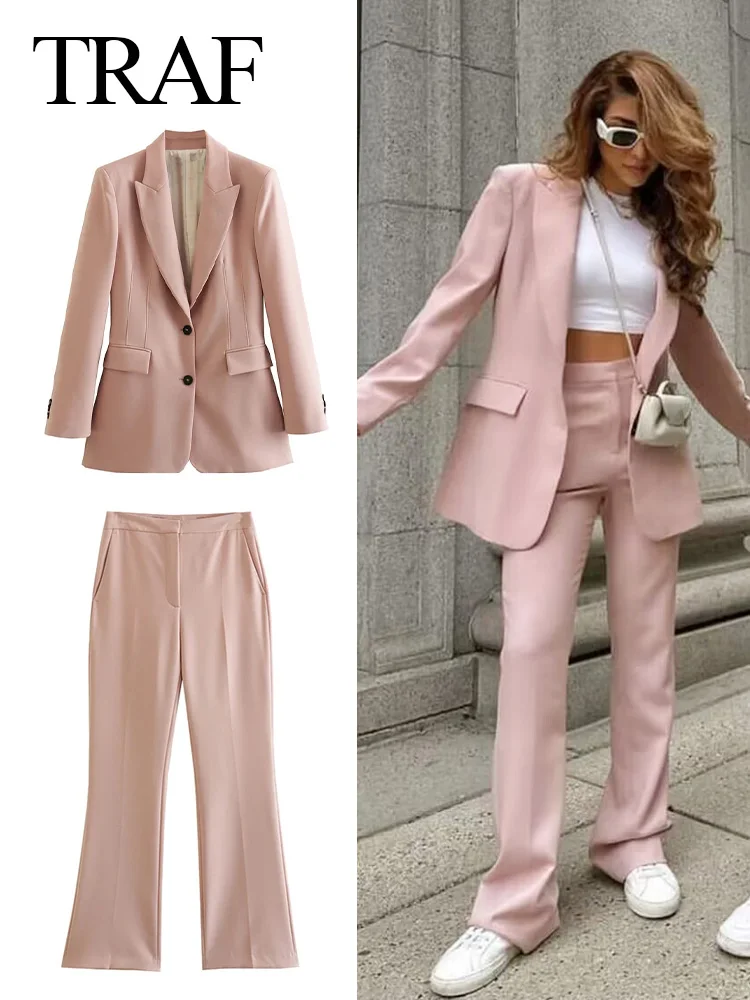 TRAF 2023 Jesienny damski 2-częściowy zestaw Office Lady Lapel Long Sleeve Blazers + High Waist Hidden Buckle Zipper Trousers Femininos