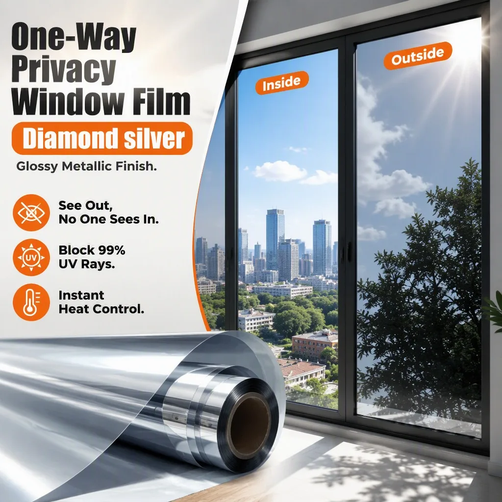 One Way Mirror Privacy Window Film Self Adhesive Sun Block Heat Control UV Protection Removable for Office Home Glass Door