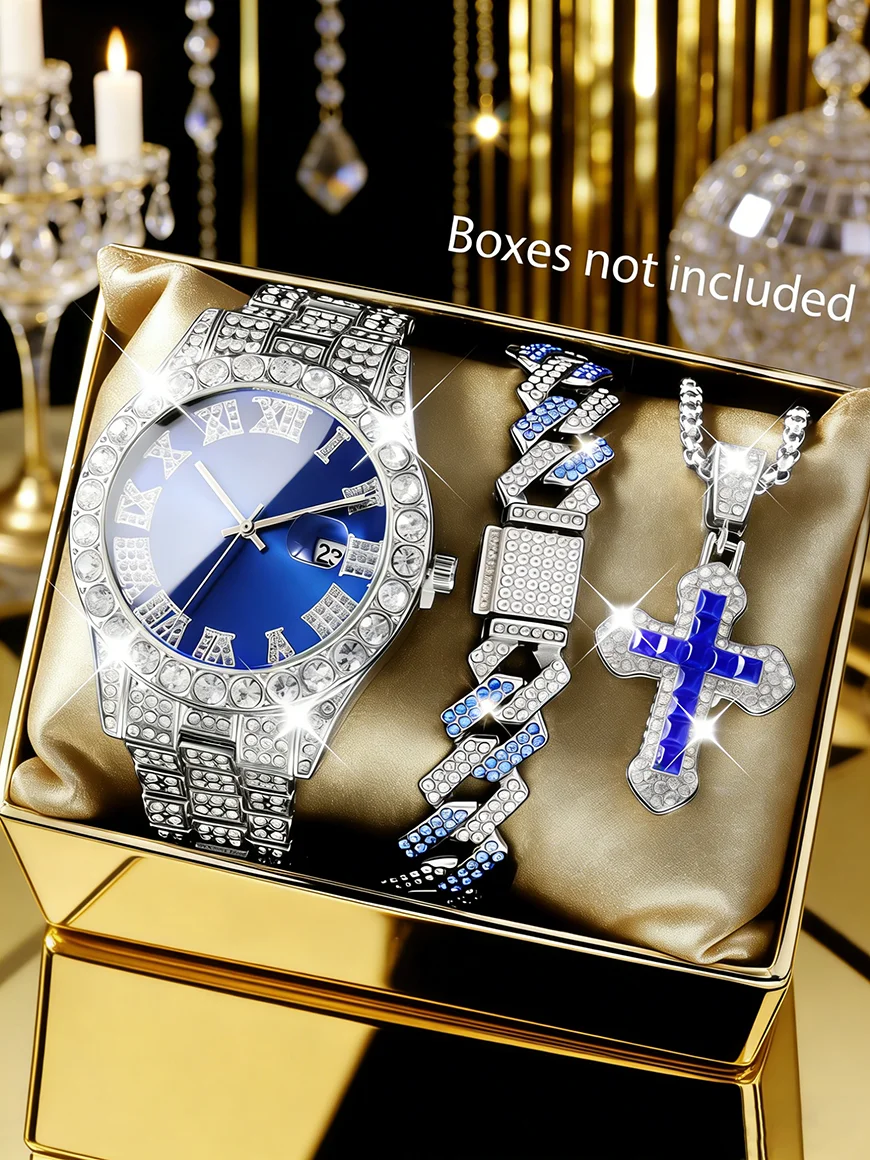 Men's Watch Set with Embedded Craft Quartz Watch with Necklace Bracelet Calendar Feature Suitable for Daily Wear Birthday Gift