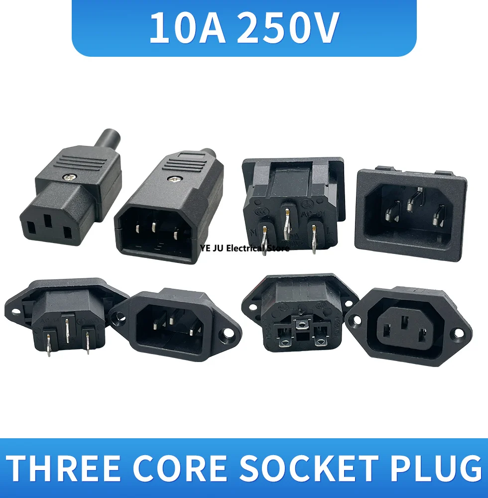 1PCS IEC320 10A 250V Black Male female docking Plug Connector Rewireable C13 C14 Plug Rewirable Power Konektor 3 Pin AC Socket