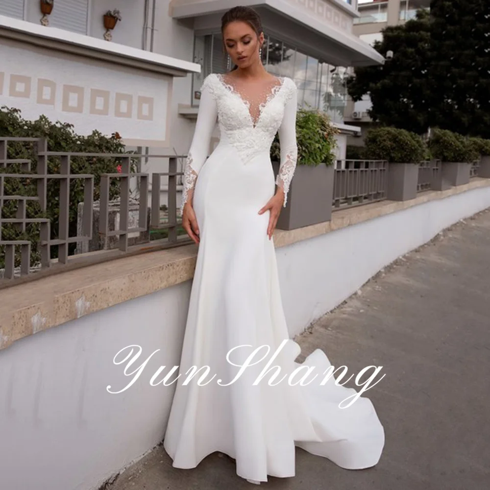 Vestido de novia elegante transparente con escote en V profundo, sirena, mangas largas, Apliques de encaje, vestido de novia moderno, ilusión, tren sin espalda personalizado