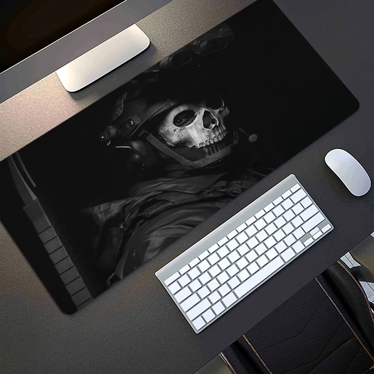 1pc Large Military Skull Office Mouse Pad, Tactical Gaming Desk Mat, Black & White Print, Non-Slip Water-Resistant Rubber Base