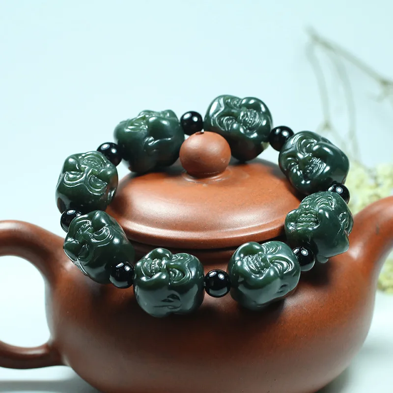

Natural Jade Wholesale Hetian Jade Fine Material Buddha's Head Bracelet Male Jade Maitreya Buddha Hand String Bracelet