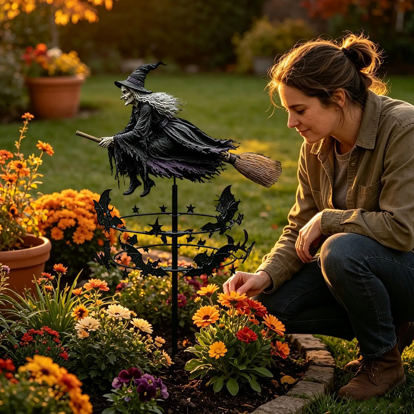 2D Witch Garden Wind Spinner Rotating Pinwheels Halloween Decoration Witch Garden Windmill With Stake For Courtyard Backyard view 5