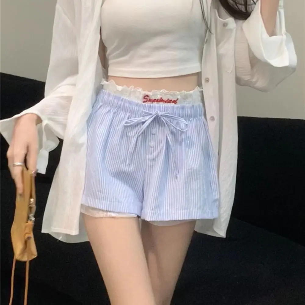 كل مباراة فضفاضة الدانتيل منقوشة السراويل شبكة زهرة الحلو عالية الخصر السراويل شريط لوليتا واسعة الساق السراويل القصيرة الطلاب