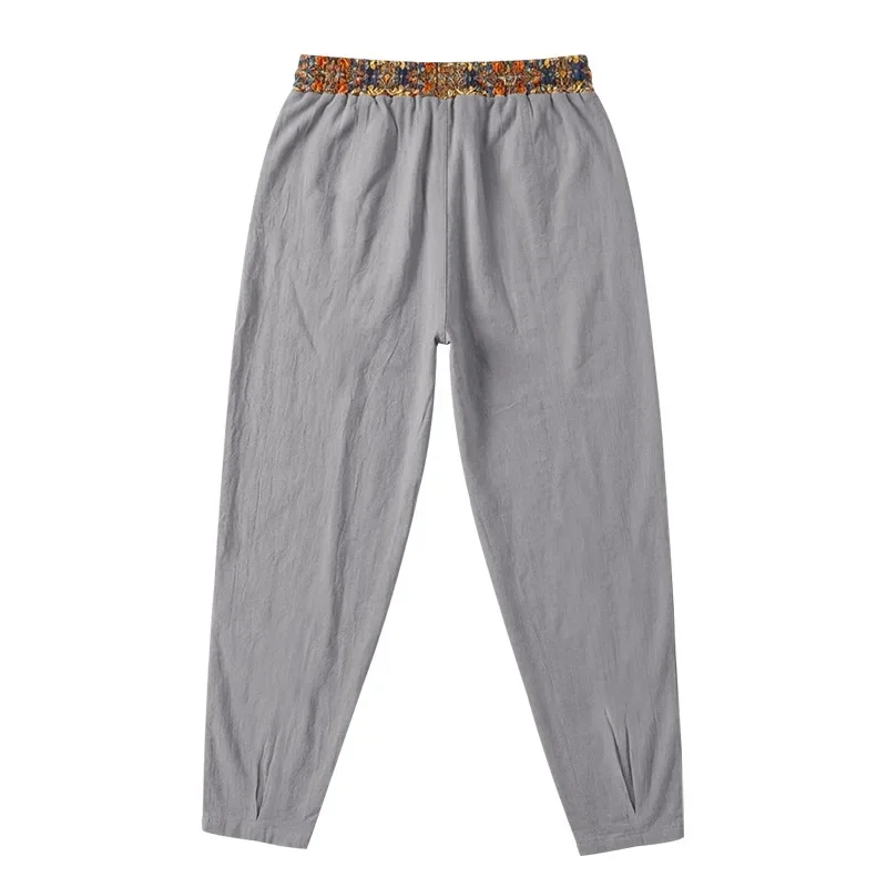 Herren 95% Leinen Haremshose Boho Blumenmuster Kordelzug Taille Lässige Weite Hose Strand Urlaub Knöchellange Hose – Detail 35