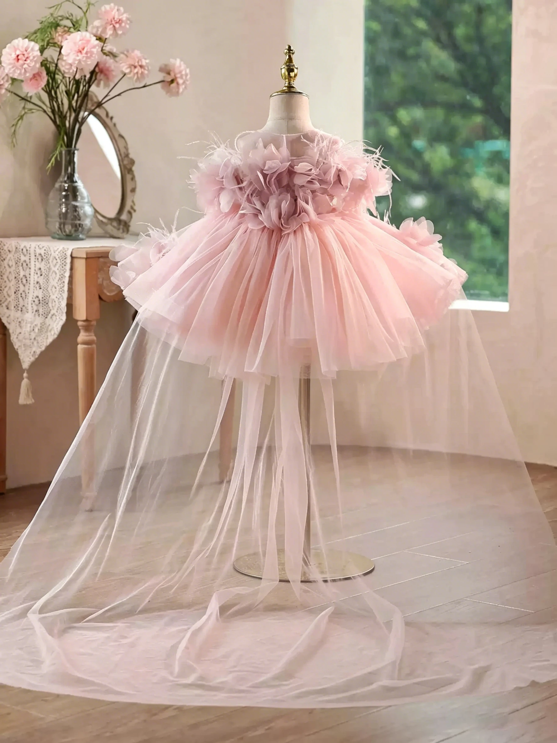KLFLGD LuxuryElegant Girl Birthday Party Evening DressWedding Flower Girl Bridesmaid Dress Pink Puff Cake Dress