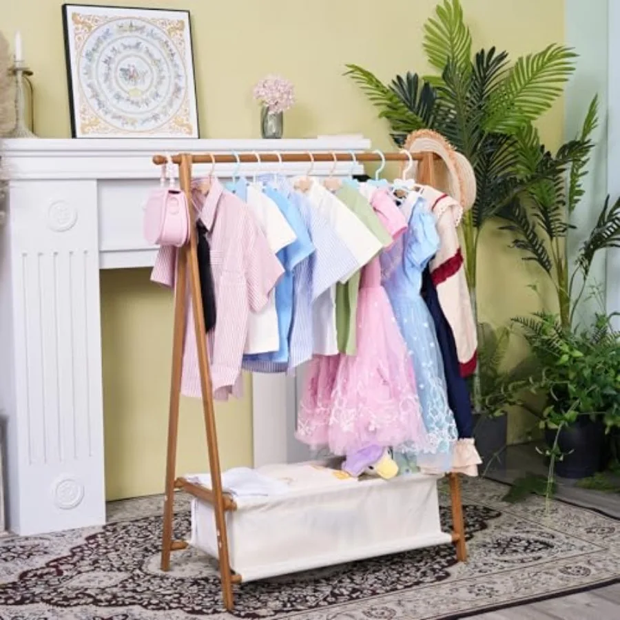 

Bamboo Clothing Rack with Storage Box - Foldable Dress Up Rack with Hooks and Rod Organize Dress Up Storage and School Uniforms