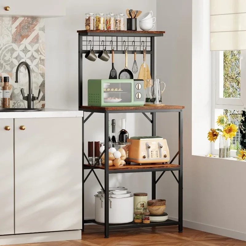 Kitchen Bakers Rack with Hutch, Coffee Bar Station 4 Tiers, Microwave Oven Stand with 6 S Hooks and Pegboard, Kitchen