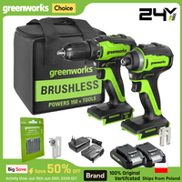 Greenworks 24V Brushless Cordless 1/2”Drill and 1/4”Hex Impact Driver Power Tool Combo Kit with Toolbag and 2pcs 2Ah Batteries