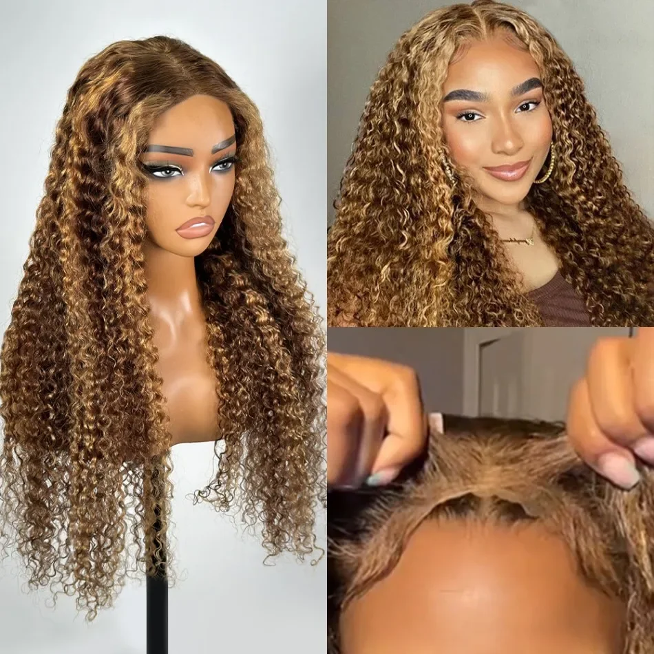 

Wear and Go Highlight Glueless Bob Wig Human Hair Pre Plucked Pre Cut P4/27 Ombre Honey Blonde Curly Wig 5x5 HD Lace Closure Wig