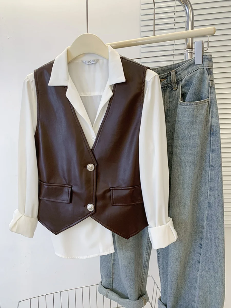 เสื้อกั๊กหนัง PU สไตล์เรโทรสำหรับผู้หญิง รุ่นใหม่ ฤดูใบไม้ร่วง ฤดูหนาว ดีไซน์ทันสมัย เหมาะสำหรับใส่เป็นเสื้อคลุม