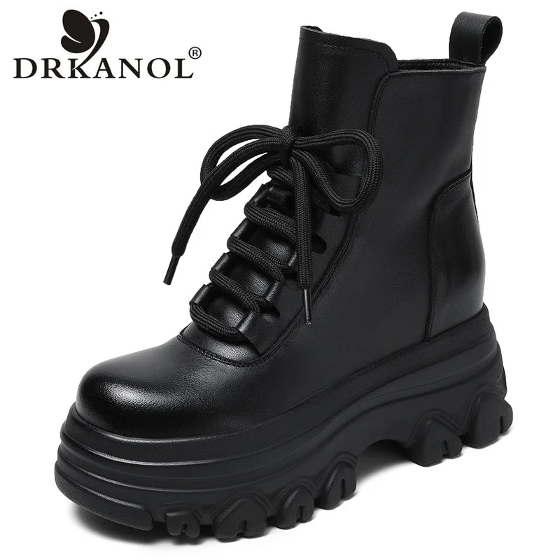 

DRKANOL 2024 Women Platform Boots Fashion Genuine Leather Side Zipper Height Increasing Winter Warm Ankle Boots Ladies Retro