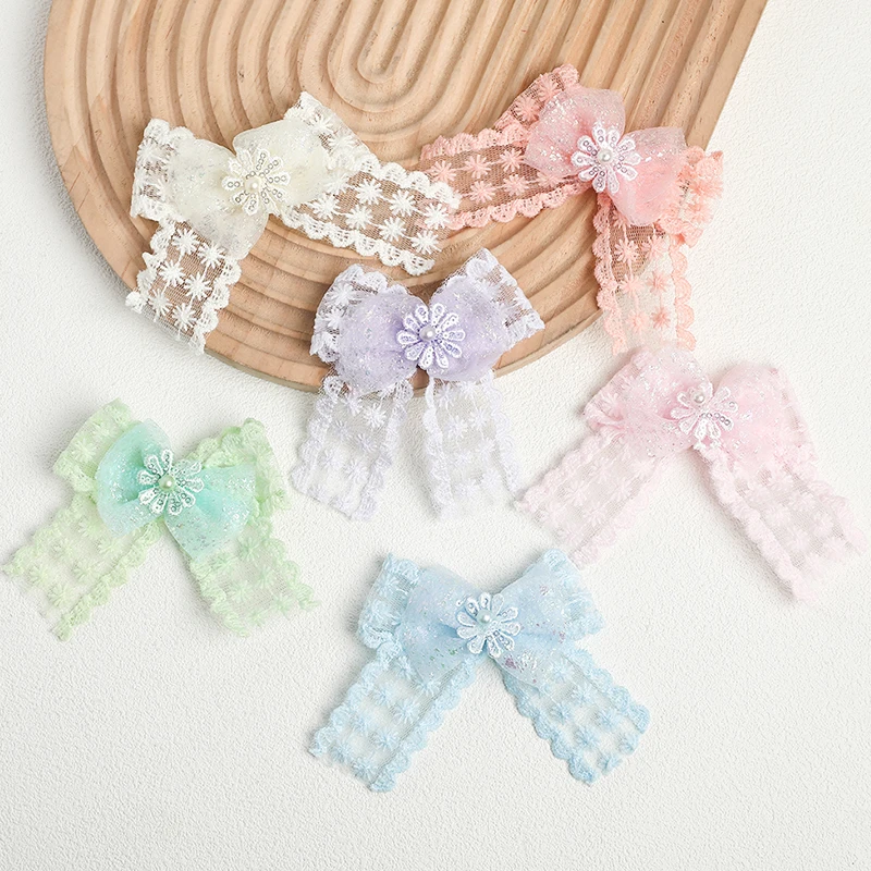 

5Pcs 8cm Flower Lace Bow Hair for Girls Sweet Pearls Hairpins Floral Embroidery Barrette Children Kids Headwear Accessories