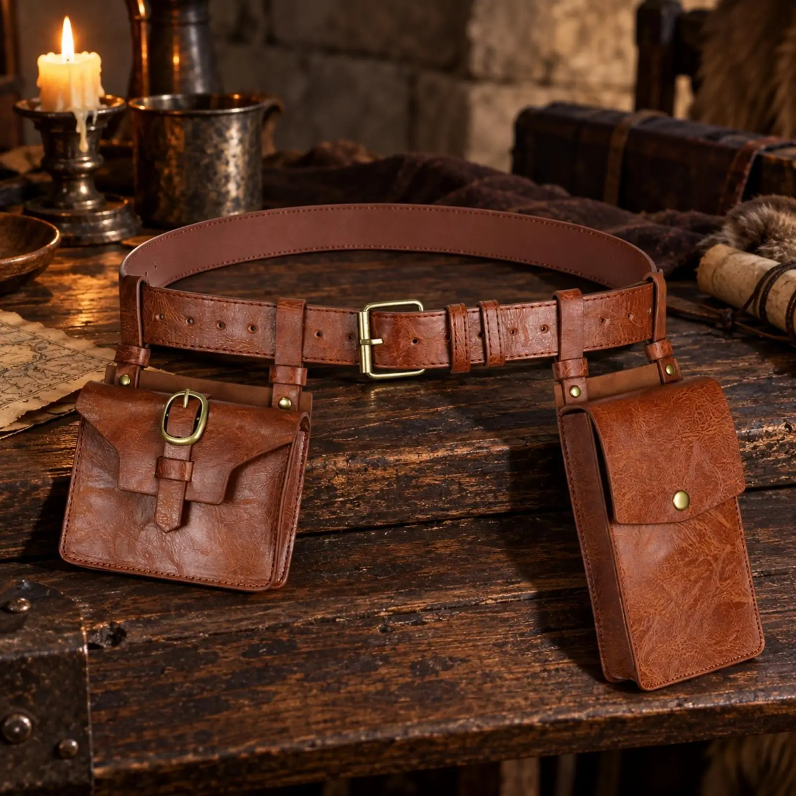 Adjustable Medieval Utility Belt with Two Detachable Pouches for Historical Reenactment and Cosplay