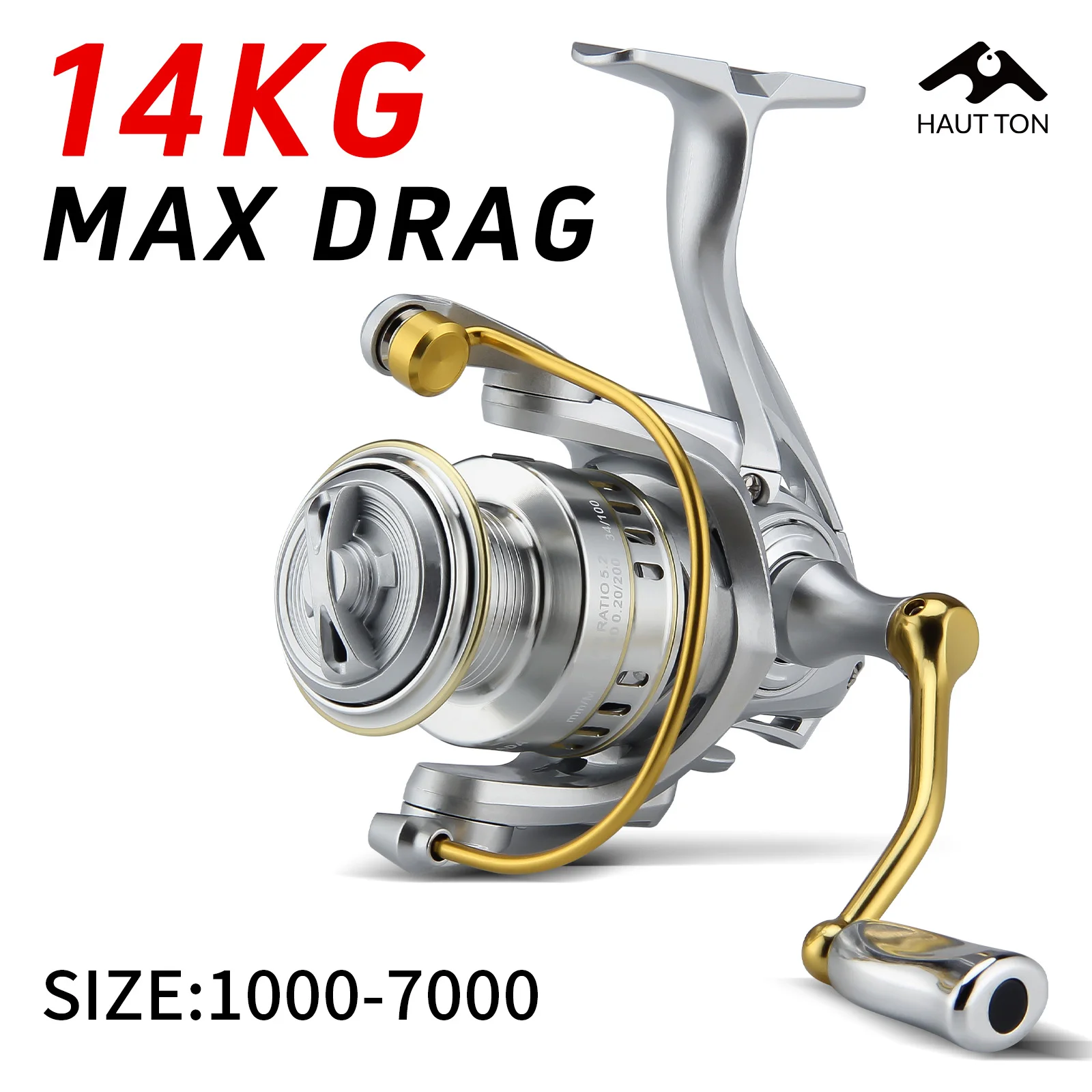 HAUT TON YC1000-7000 Silberne 14-kg-Spinn-Angelrolle mit Max. Zugkraft, Übersetzungsverhältnis 5,2:1, 3+1 BB, hohe glatte und effiziente Leistung