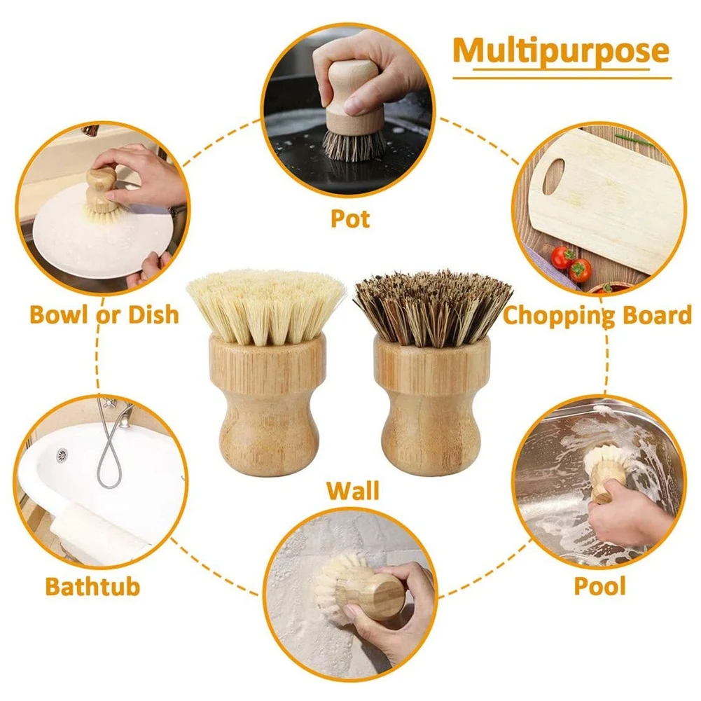 Bamboo Dish Brush 2Pcs Bamboo Mini Scrub Brush Pot Brushes Dish Scrubber for Cast Iron Skillet, Kitchen Sink, Bathroom