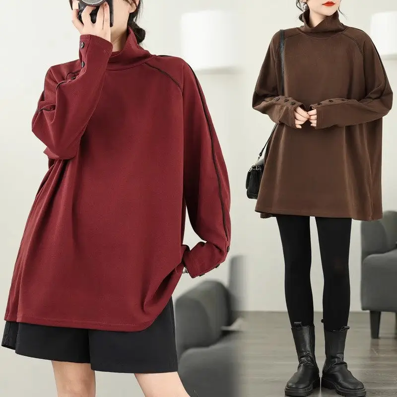 

Half High Collar Long Sleeved Hoodie T-Shirt For Women In Spring And Autumn Slimming Base Shirt Mid Length Top G052