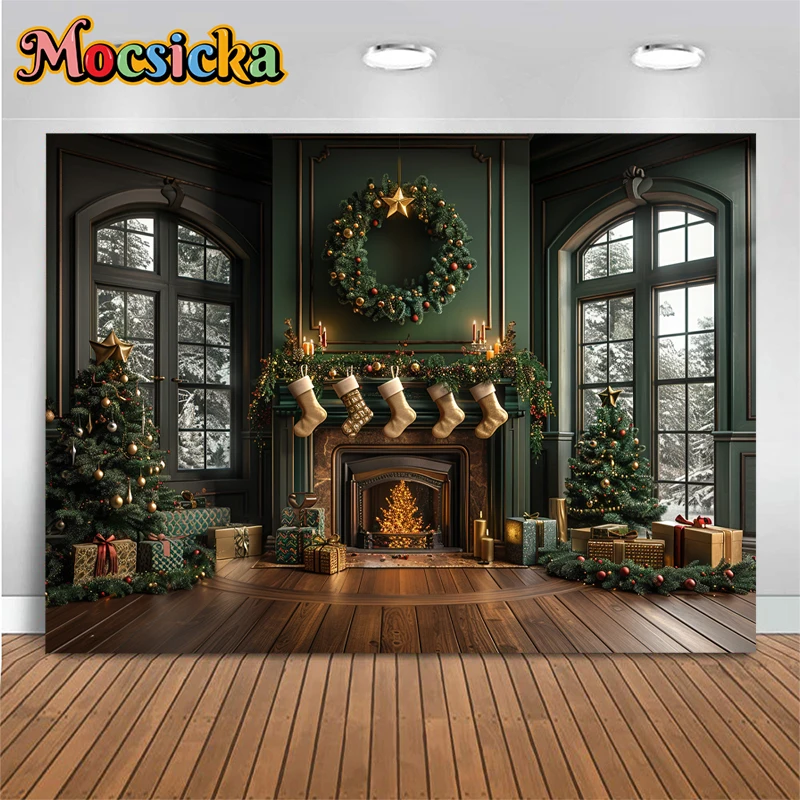 Christmas Fireplace Background Photography Christmas Tree Gift Socks Green Wall Baby Photo Backdrops Room Decorations Photobooth