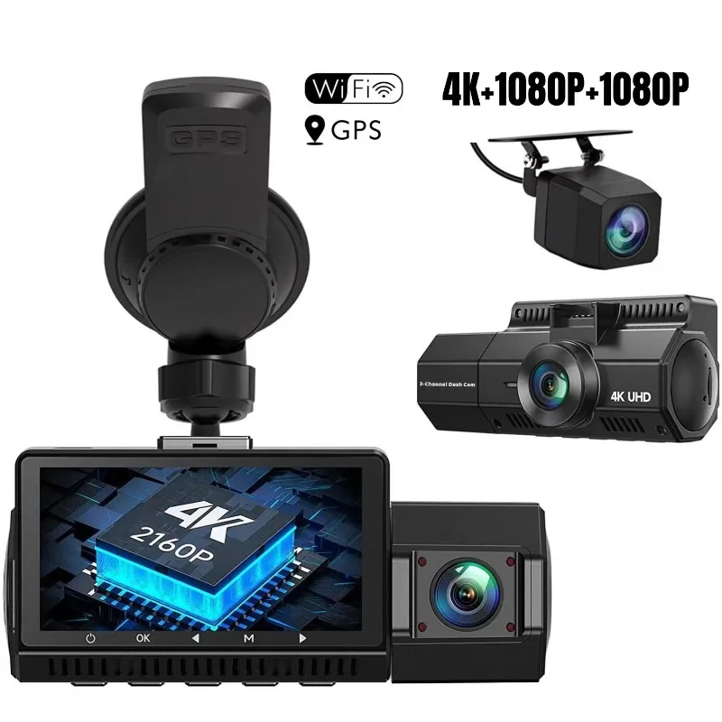 

High Quality Dual Lens Dash Cam Car Video Recorder 4K WIFI GPS With App 3 Channels Front Rear Night Vision 1-Year Warranty