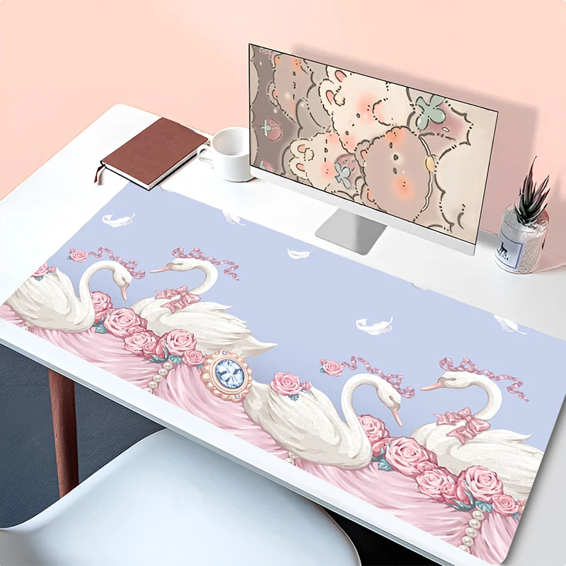 الوردي زهرة سوان ماوس الوسادة كمبيوتر محمول Kawaii الأبيض ريشة تمديد مكتب حصيرة الكمبيوتر أنيمي جماليات ماوس ألعاب خزانة لوحة المفاتيح البساط