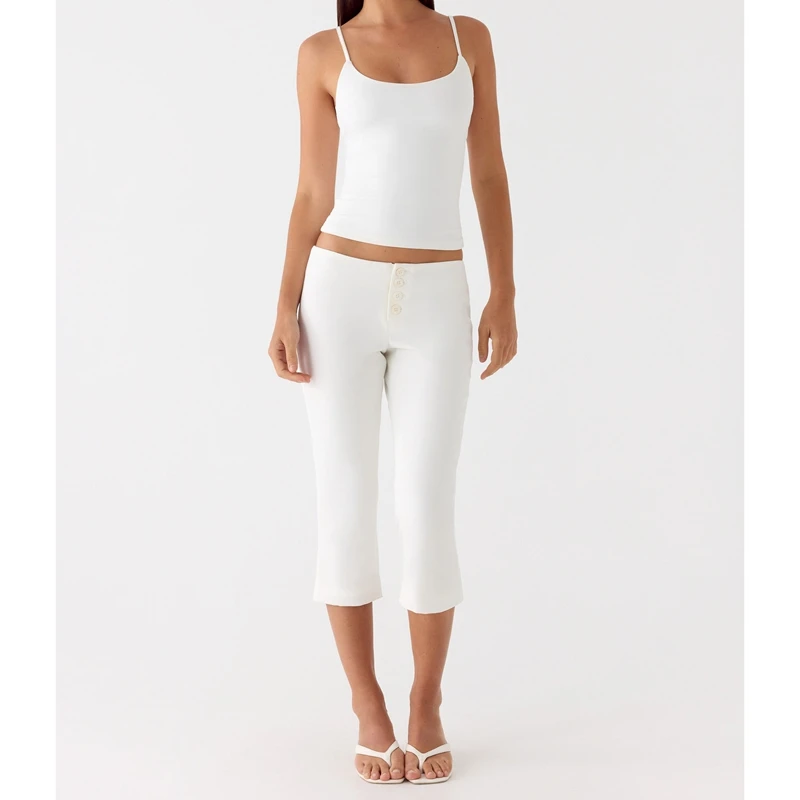 Womens Slim Capri Pants Elegant Solid Color Front Button Decor Low Waist Slim Fit Cropped Trousers for Daily Wear Party Vacation