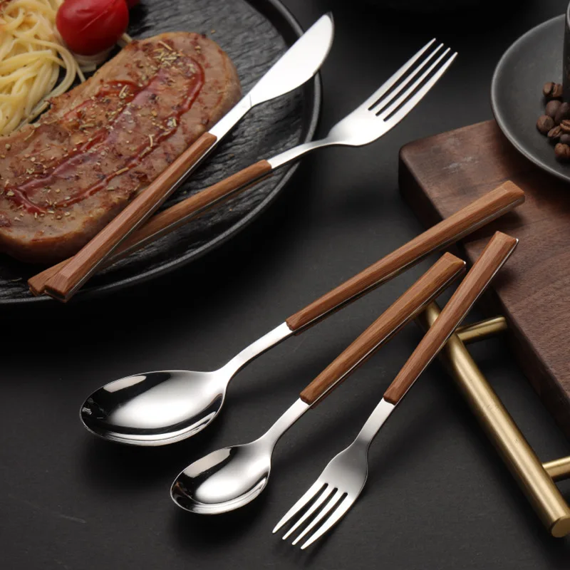 304 Stainless Steel Tableware with Wooden Handle Spoon Steak Knife Fork Teaspoons for Home Kitchen Dinnerware Cutlery Utensils