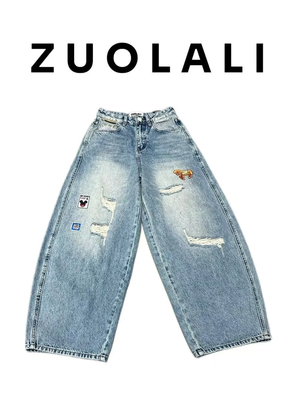 

High Waist Cargo Pants Cartoon Patchwork Design Comfortable Breathable Cotton Casual Wide Leg Jeans for Women over 49 Years Old