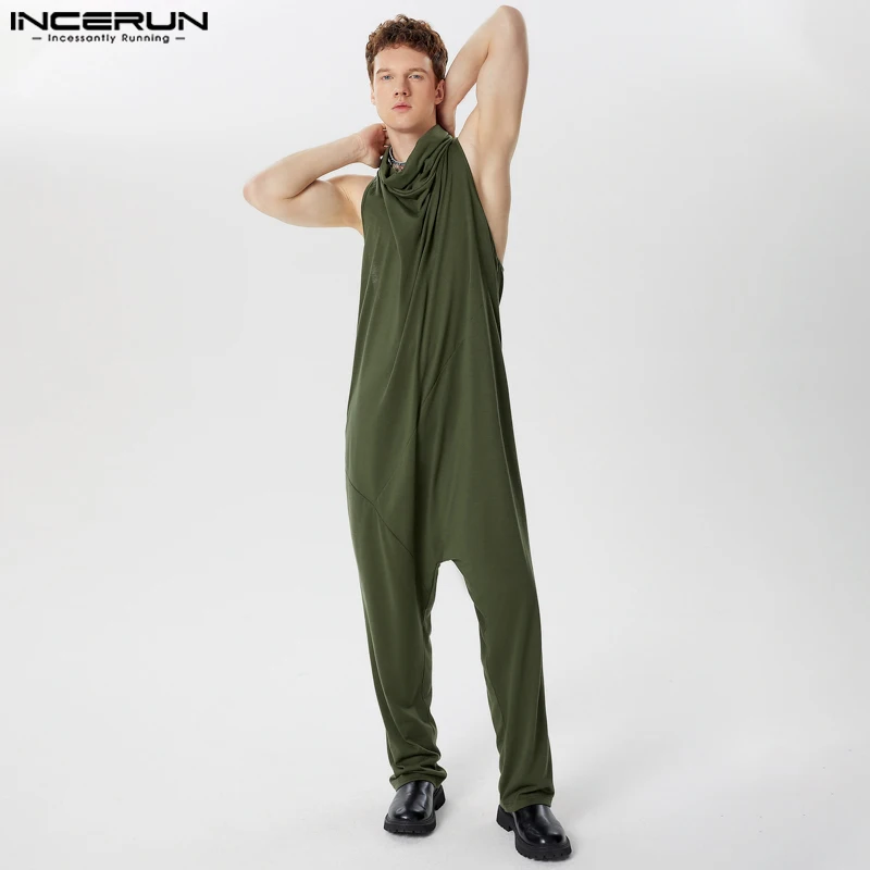 INCERUN-monos de cuello alto para hombre, ropa de calle informal, sin mangas, con cremallera, Color sólido, S-5XL verano, 2024