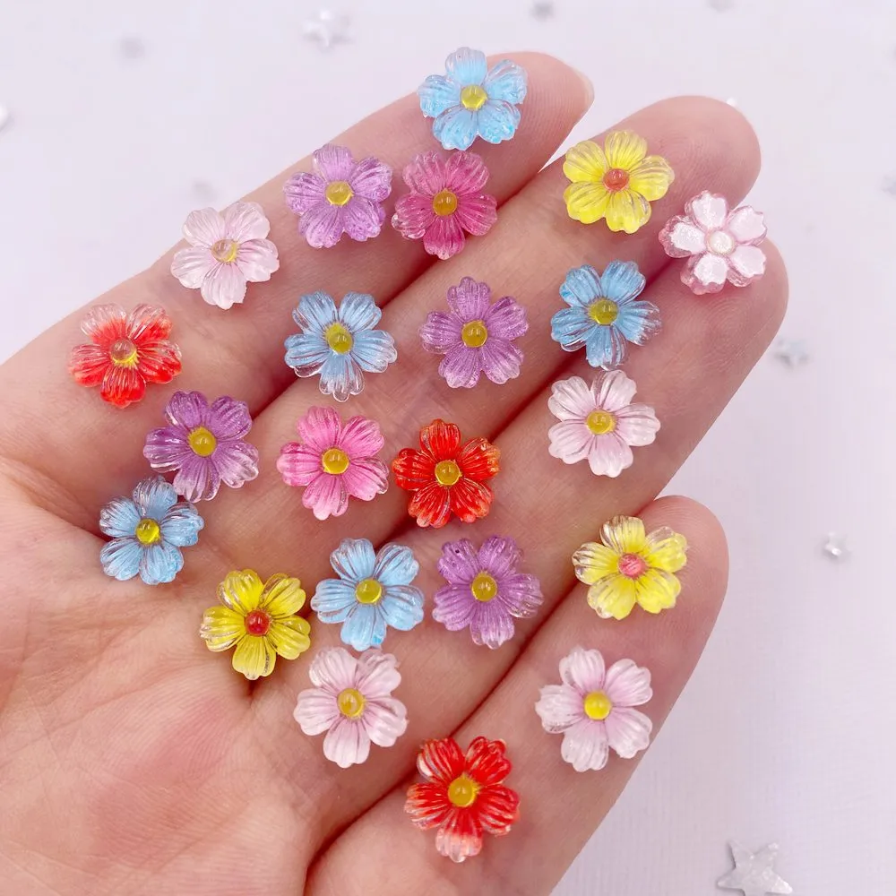 50Pcs 10mm Resin 3D Colorful Mini Flower Gems Flatback Rhinestone Scrapbook Wedding Applique Nail Art Decor Crafts L697