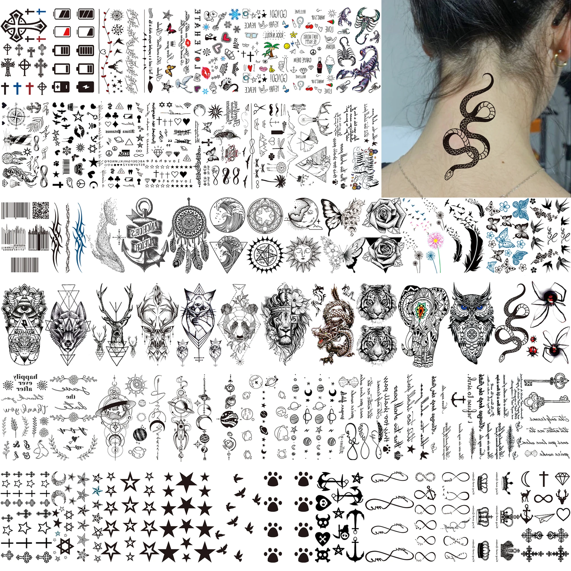 66 Sheets Small Black Animals Temporary Tattoos For Women Men Finger Arm, Tiny Space Moon Star Halloween Tattoo Stickers Fake