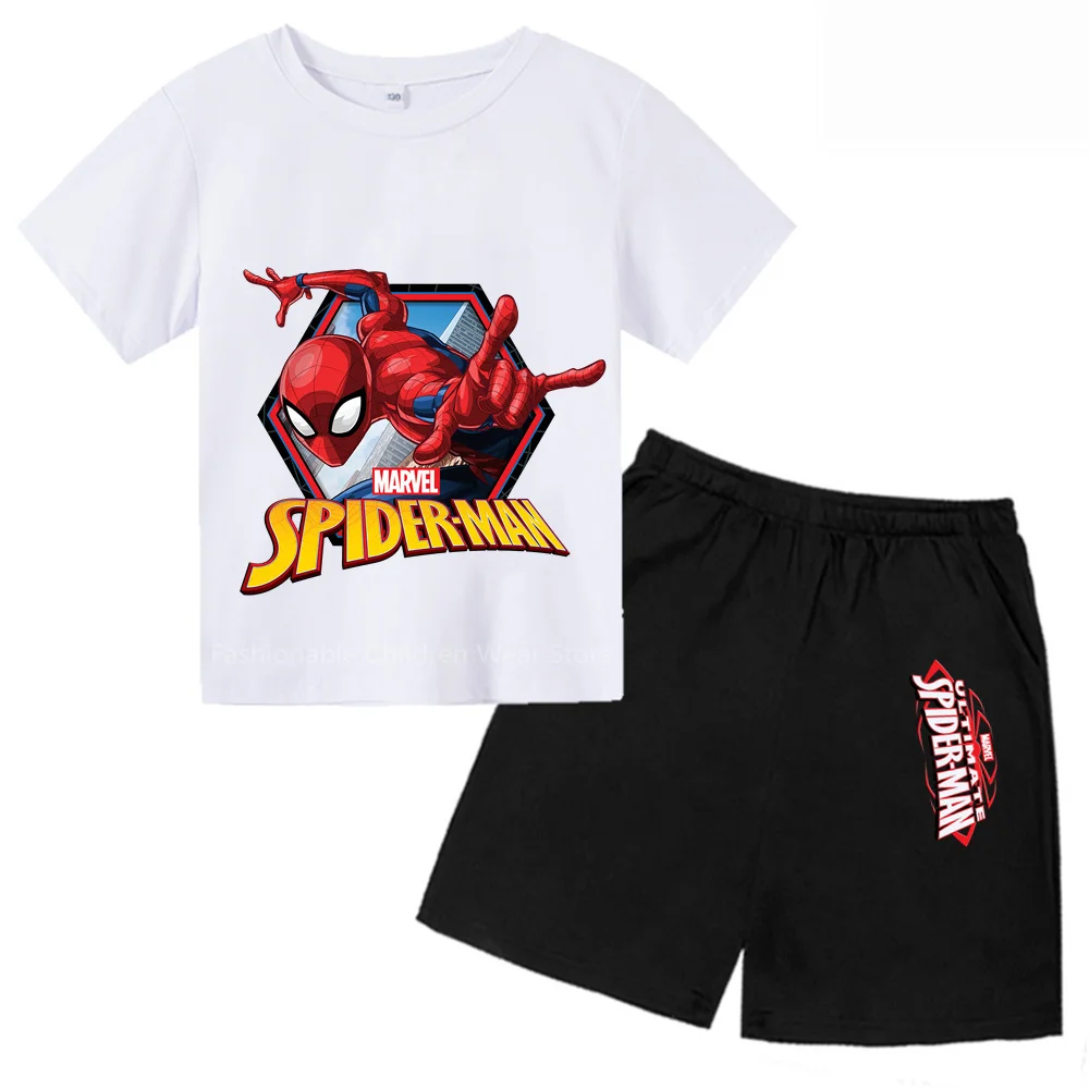 Fun Marvel Avengers Q-Style Spider-Man Cartoon Kids' T-shirt and Shorts Set - Cool & Fashionable for Outdoor Leisure