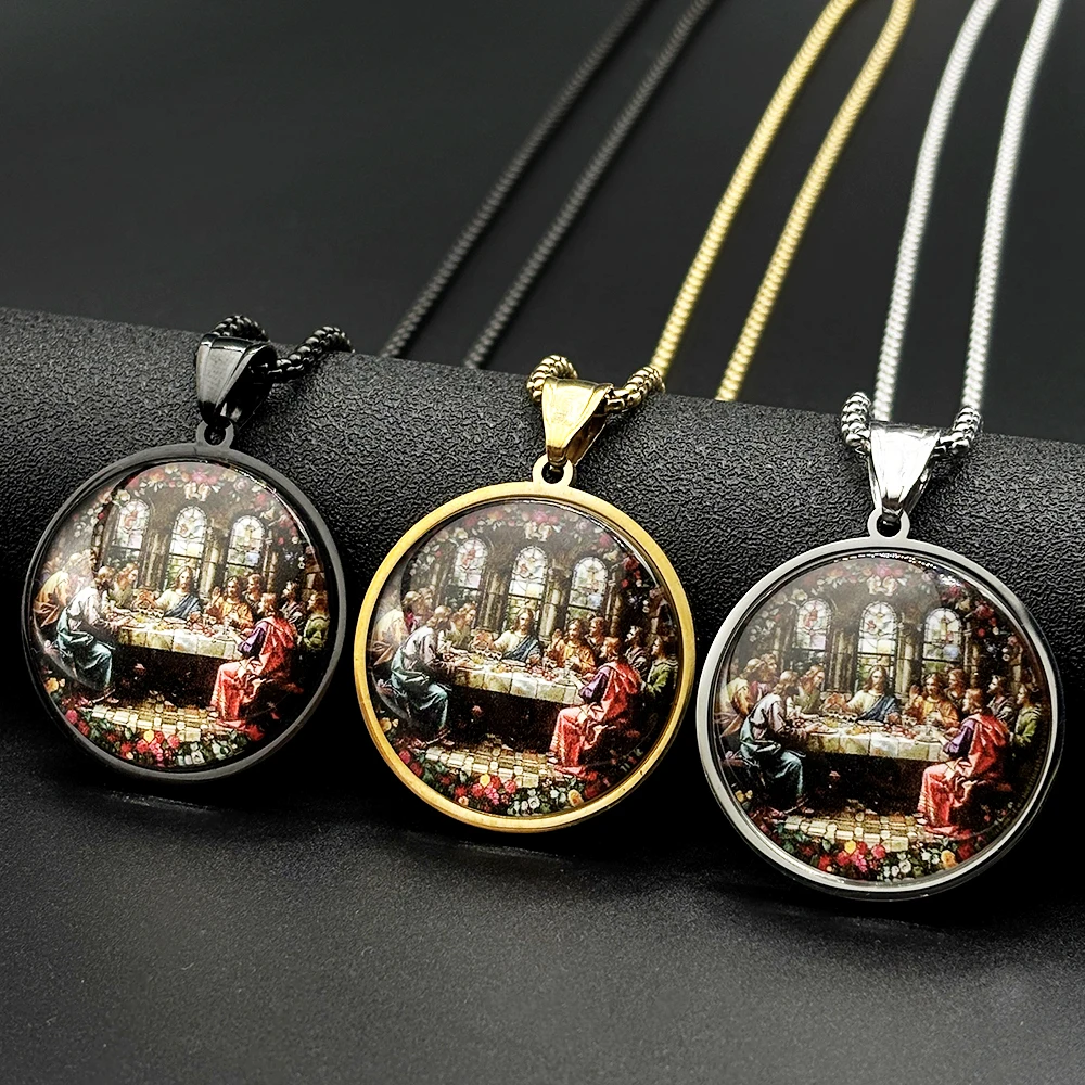 The Last Supper 12 Apostles of Jesus Christ Glass Round Medal Pendant Necklace Stainless Steel Christian Amulet Chain Jewelry