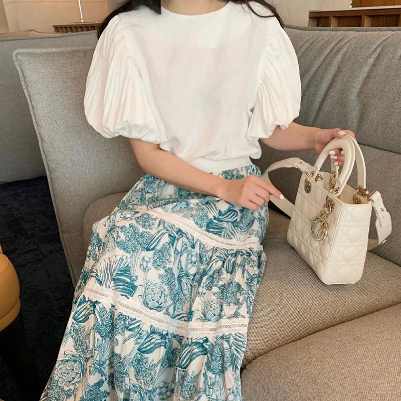 

Chic Spring Design Ruffle Lantern Sve irt High Waist Lace Patchwork Floral f Skirt Set Women's Faion Ensemble
