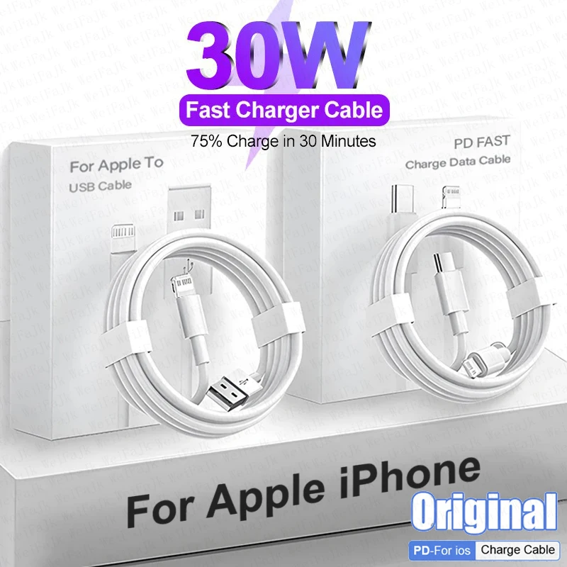 For Apple 30W Original Cable For iPhone 14 13 12 11 15 Pro Max Mini X XS XR 8 Plus Charger Fast Charging Data Cable Accessories