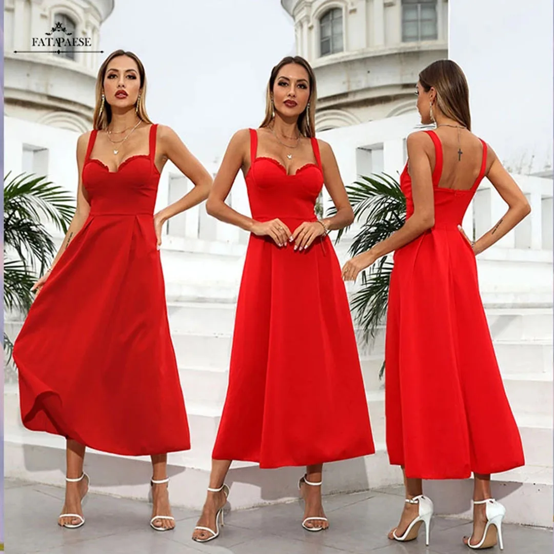 

FATAPAESE Sexy Deep V Red Evening Dress for Women Spaghetti Srap Satin Long Prom Dress Summer Wedding Party Gown robes de soirée