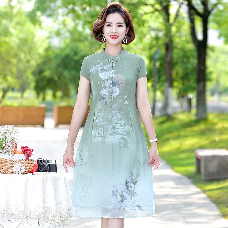 Women Elegant Summer cheongsam Retro Dress new Positioning flower Beach Long Party Dress Chiffon Dresses Female Vestidos