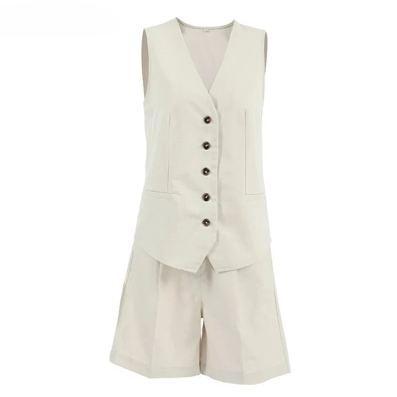 2025Fashion Commuting style casual suit women's spring and summer cotton linen sleeveless vest high waisted shorts two-piece set