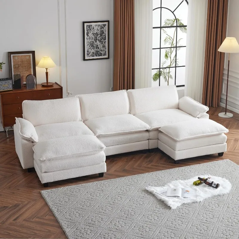 

Sectional Sofa Modular Deep Seat Sofa Couch with Ottoman, Teddy Fleece Sofa Sleeper Comfy Upholstered Furniture for Li