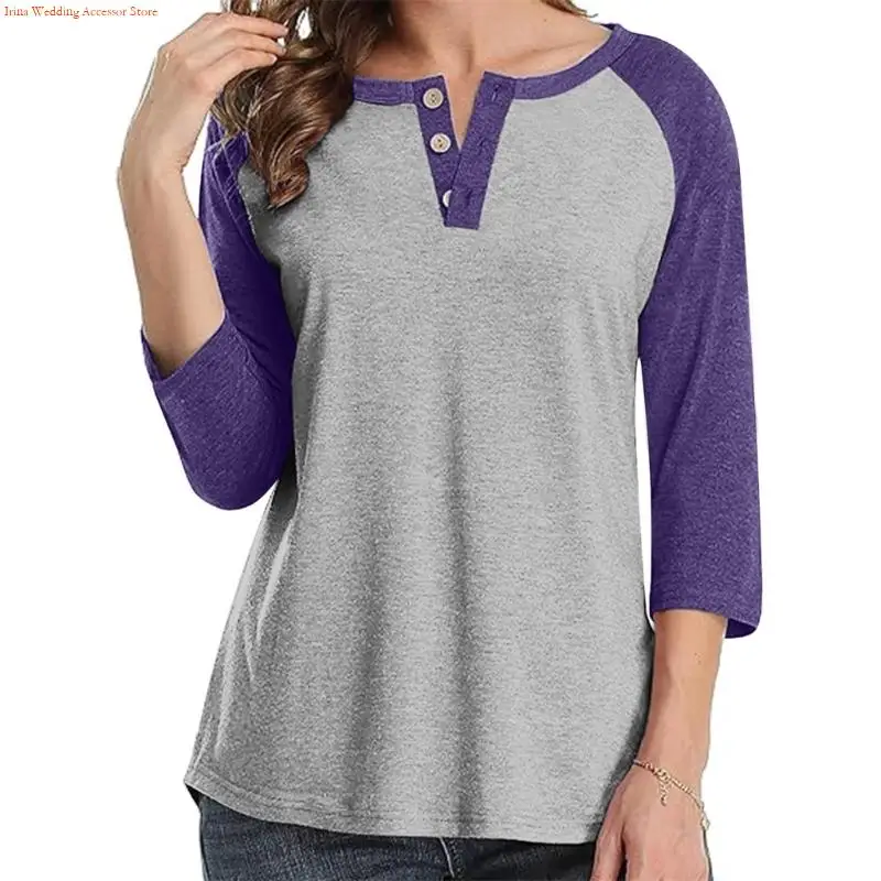 G92D Womens 3/4 Sleeve Top Paneled Colors Casual Outifits V Neck Blouses Button Loose Shirts for autumn and winter