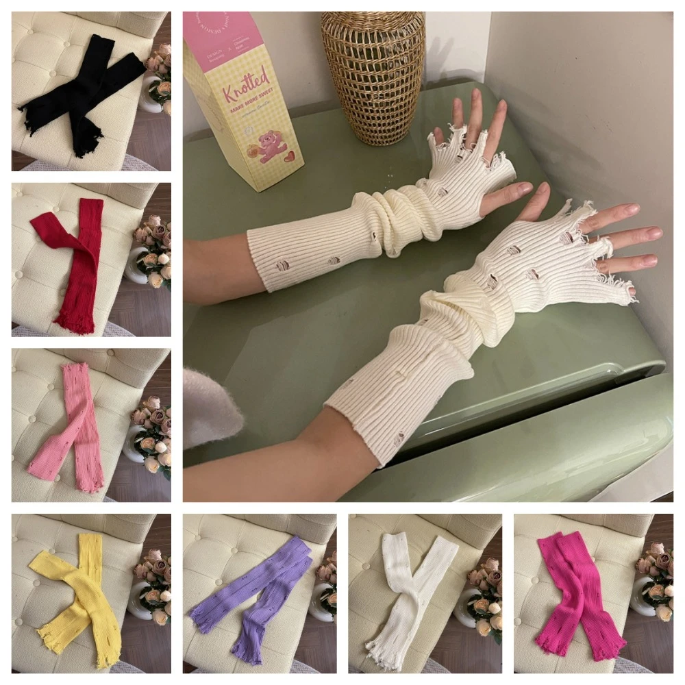 غطاء للذراع قفازات ثقافة فرعية مرنة أصفاد المعصم مجوفة Y2K بدون أصابع كم طويل فاسق ملون ممزق أكمام محبوكة لوليتا