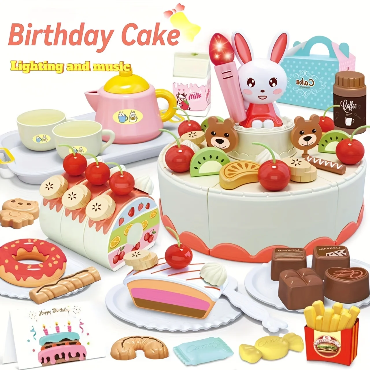 子供用ごっこ遊びバースデーケーキ、切り分け可能なケーキおもちゃ、アフタヌーンティーデザートセット、ライトアップキャンドル、3～6歳の男の子と女の子へのギフト