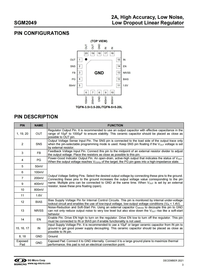 5Pcs/Lot SGM2049XTRM20G/TR TQFN-20L,2A, High Accuracy, Low Noise, Low Dropout Linear Regulator