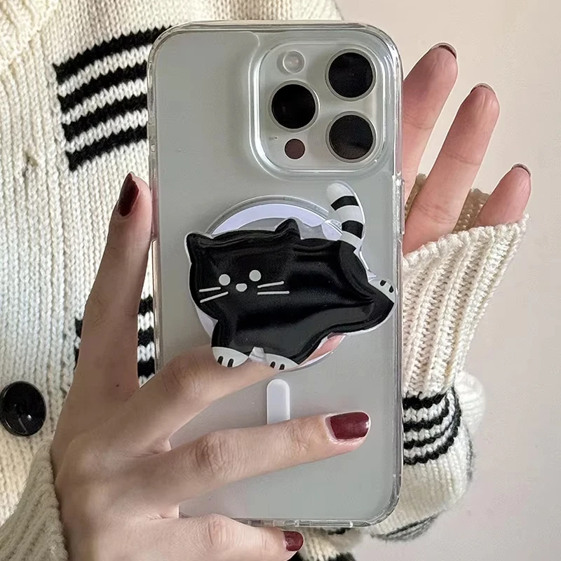 Korea Cute Cartoon Black Cat Magnetic Holder Grip Tok Griptok Phone Stand Holder Support For iPhone 15 For Pad Magsafe Smart Tok